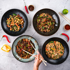 Chinese food set. Chinese noodles and udon. Top view. Asian style food concept