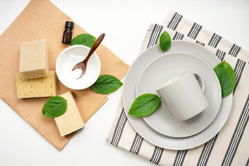 Eco-friendly cleaning products and dishwashing detergents on a white background with green leaves....