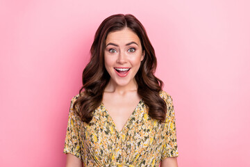 Fototapeta premium Photo of astonished cheerful lady open mouth stare speechless isolated on pink color background