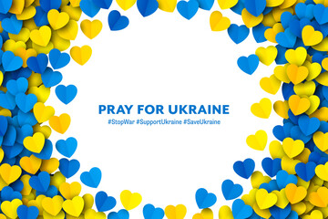 Pray For Ukraine Vector Yellow Blue Paper Hearts Round Frame Isolated On White Background. Support And Save Ukraine Vector Wallpaper. Ukrainian National Flag Colours Abstract Artwork. Europe Stop War