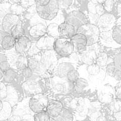 Seamless floral background. Hand drawing pansy. Print. Grayscale style.