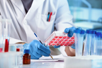 Researcher working with samples of tissue culture in microplate and registering data in the...