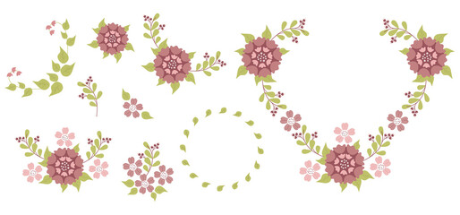 Big vector set of wreaths with flowers, herbs, leaves, branches, flowering plants, leafy and flower elements. Isolated Floral illustration for creating invitations, greeting cards, design and decor