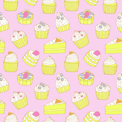 Cupcakes and cakes seamless pattern vector illustration, hand drawing doodles, pink background