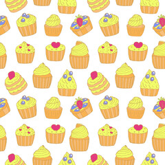 Cupcakes and cakes seamless pattern vector illustration, hand drawing doodles