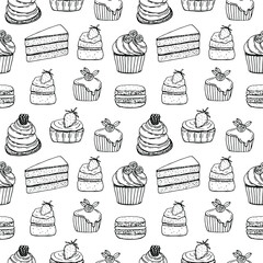 Seamless pattern cakes vector illustration, hand drawing sketch
