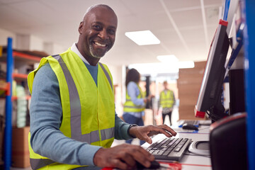 Portrait Of Male Worker In Busy Modern Warehouse Working On Computer Terminal