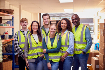 Portrait Of Multi-Cultural Team Wearing Hi-Vis Safety Clothing Working In Modern Warehouse