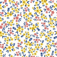 Seamless vintage pattern. Small yellow and pink flowers, blue leaves. white background. vector texture. fashionable print for textiles, wallpaper and packaging.
