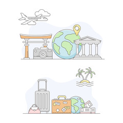 Travel and vacation symbols set. Globe, luggage and attractions, tourism and journey objects line vector illustration
