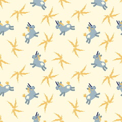Doodle seamless pattern with unicorns and leaves. Perfect for T-shirt, textile and print. Hand drawn illustration for decor and design.