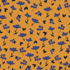 Seamless vintage pattern. blue flowers, dark blue leaves. mustard background. vector texture. fashionable print for textiles, wallpaper and packaging.