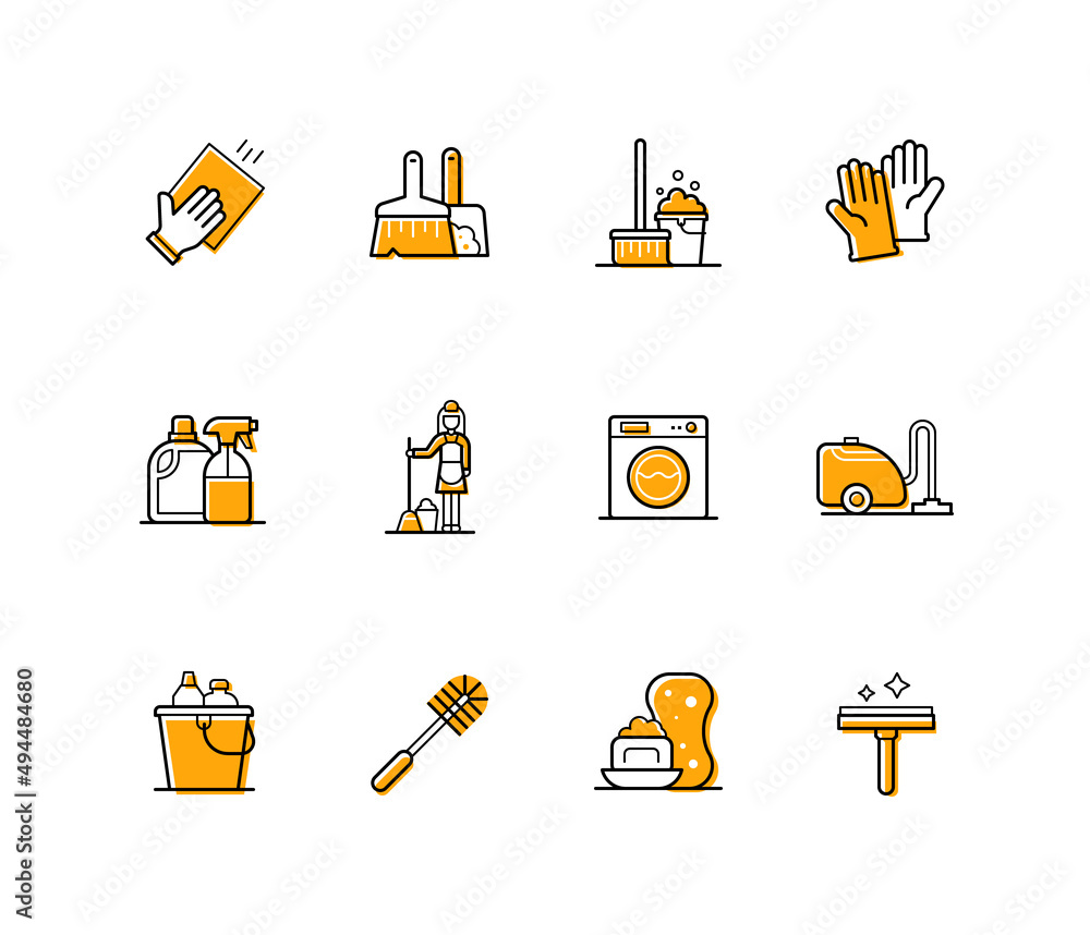 Poster cleaning and tidying up - modern line design style icons set