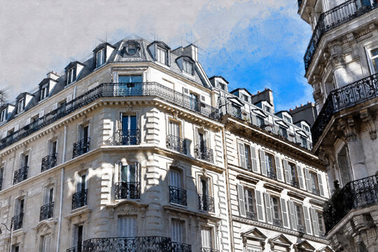 aquarelle de rue parisienne, paris, france