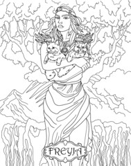 Freyia. Coloring book for adults. Scandinavian mythology. Black and white illustration.