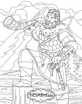 Heimdall. Coloring Book For Adults. Scandinavian Mythology. Black And White Illustration.