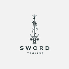 Sword nature leaf line logo icon design template