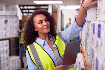 Female Worker Inside Busy Warehouse Checking Stock On Shelves Using Digital Tablet 