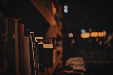 Closeup of a library on a dark background