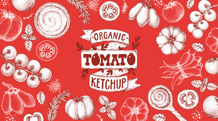 Tomato sauce, ketchup cooking and ingredients frame. Hand drawn sketch, vector illustration. Homemade tomato sauce, design elements. Hand drawn package design.