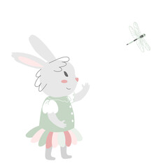 A baby bunny in a flower costume looks at a dragonfly. Cute funny pets. Vector illustration isolated on a white background