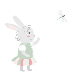 Obraz premium A baby bunny in a flower costume looks at a dragonfly. Cute funny pets. Vector illustration isolated on a white background