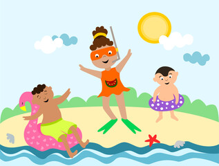 Obraz na płótnie Canvas Vector summer image. Happy kids are relaxing on the beach. Sea. Diving. Holidays. Sport. Rubber ring. Horizontal eps design template for banner, poster, print