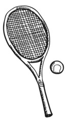 Tennis racket and ball. Sport equipment in hand drawn style