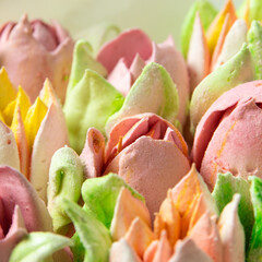 marshmallow flower close-up, decoration and sugar sweet gift. tulip buds, roses with cookies.