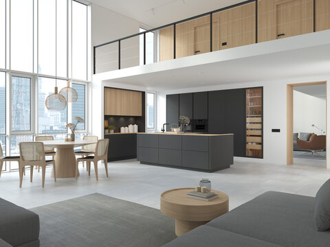 3D Illustration. Modern kitchen in loft apartment.