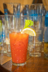 Traditional bloody mary in bar setting with copy space
