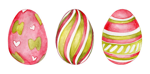 Watercolor Hand Drawn Three Pink Designed Colored Eggs