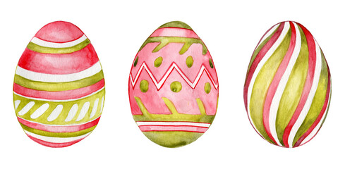 Watercolor Hand Drawn Three Pink Designed Colored Eggs