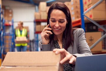 Female Team Leader Working On Laptop Talking On Mobile Phone
