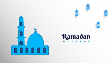 3d papercut origami style of mosque, lantern, and ramadan mubarak. Ramadan mubarak background