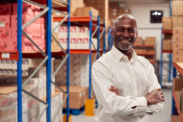 Portrait Of Male Team Leader Standing By Shelves In Warehouse 