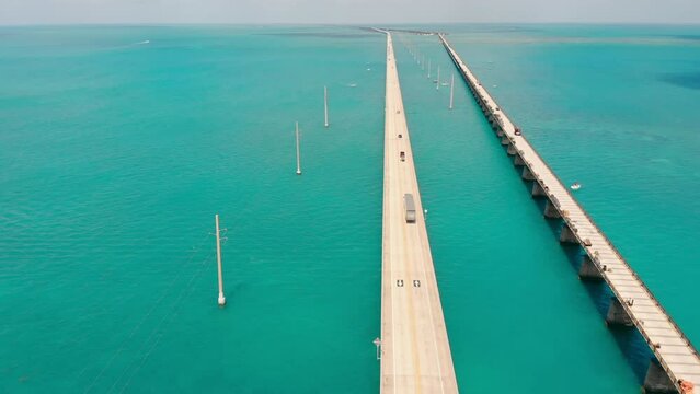 Aerial shot of the Seven Mile Bridge in Florida. The largest bridge in Florida. A bridge leading to Key West