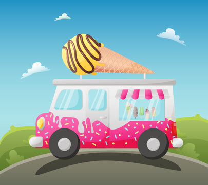 colorful ice cream truck on scenic background