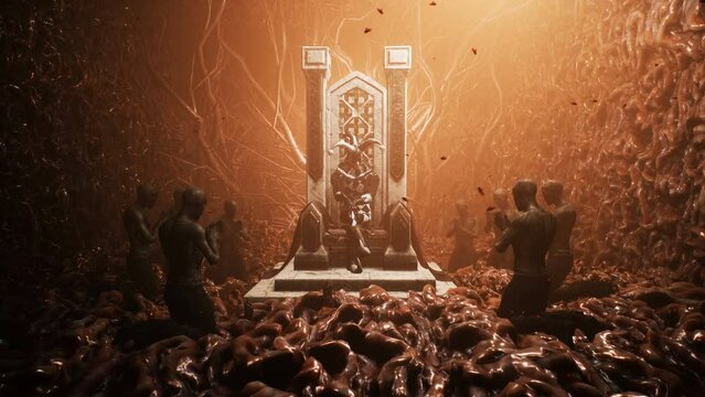 A creepy blood jester sits on a royal throne in his dark dungeon, surrounded by zombies loyal to him. The concept of a nightmarish, inhuman kingdom. Animation perfect for scary, fantasy backgrounds.