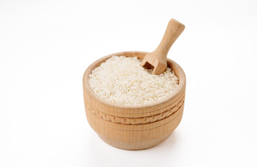 Long polished rice in bowls and bags isolated on a white background. High quality photo