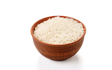 Long polished rice in bowls and bags isolated on a white background. High quality photo
