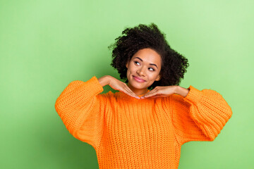 Photo of sweet young volume hairdo lady look promo wear orange pullover isolated on green color background