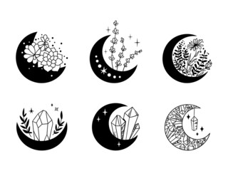 Mystical boho floral and crystal moon isolated cliparts bundle, celestial magic moon collection, diamonds and moon set, silhouettes of luna, esoteric objects - black and white vector
