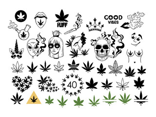 Fototapeta premium Weed leaves hand drawn cliparts bundle, Cannabis pot leaf isolated items on white, Marijuana good vibes printable images set, smoking girl and skull