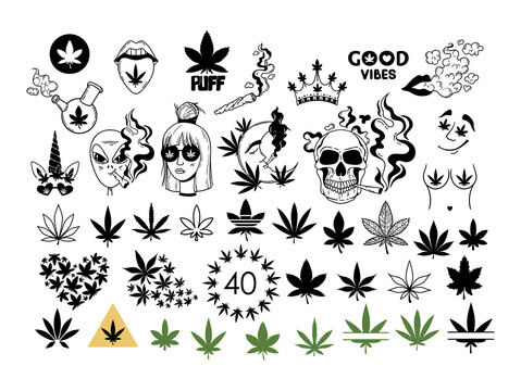 Weed leaves hand drawn cliparts bundle, Cannabis pot leaf isolated items on white, Marijuana good vibes printable images set, smoking girl and skull