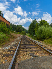 train rails between building and trees