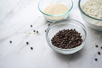 Organic vegan muffin ingredients on a marble surface.