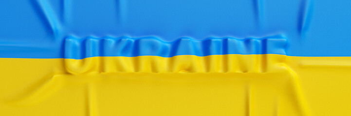 Ukraine. National Ukrainian flag of blue and yellow color on the textile fabric background. 3d illustration.