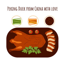 Peking duck top view. Food from China. Cuisines of the world. Vector illustration isolated on a white background