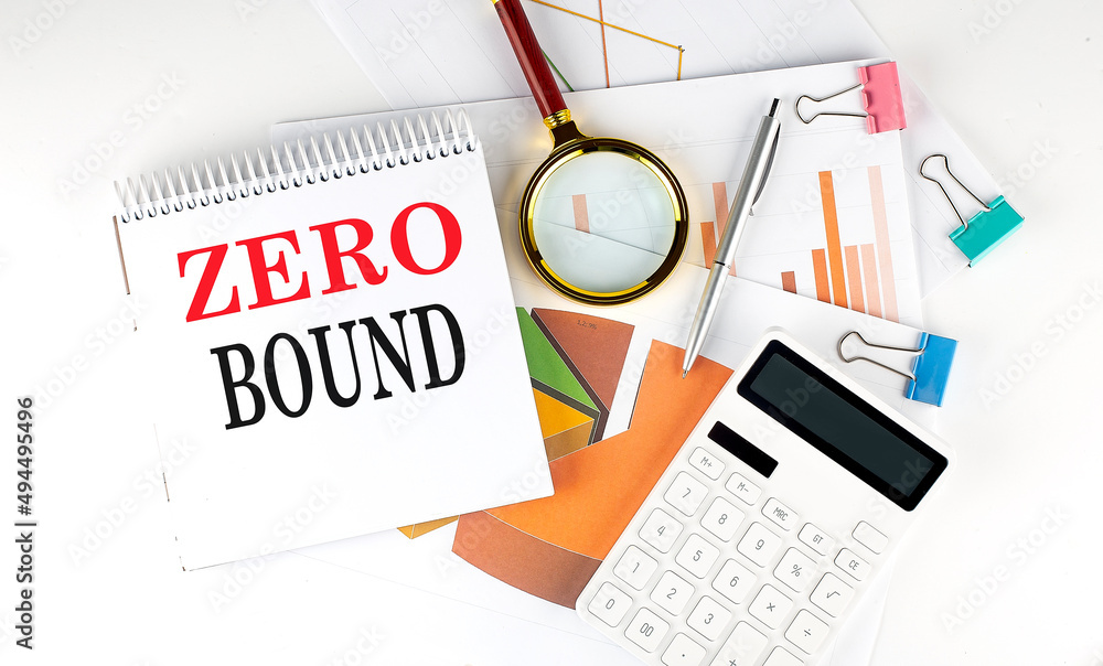 Aufkleber white notepad text zero bound with diagram,chart,calculator on the white background